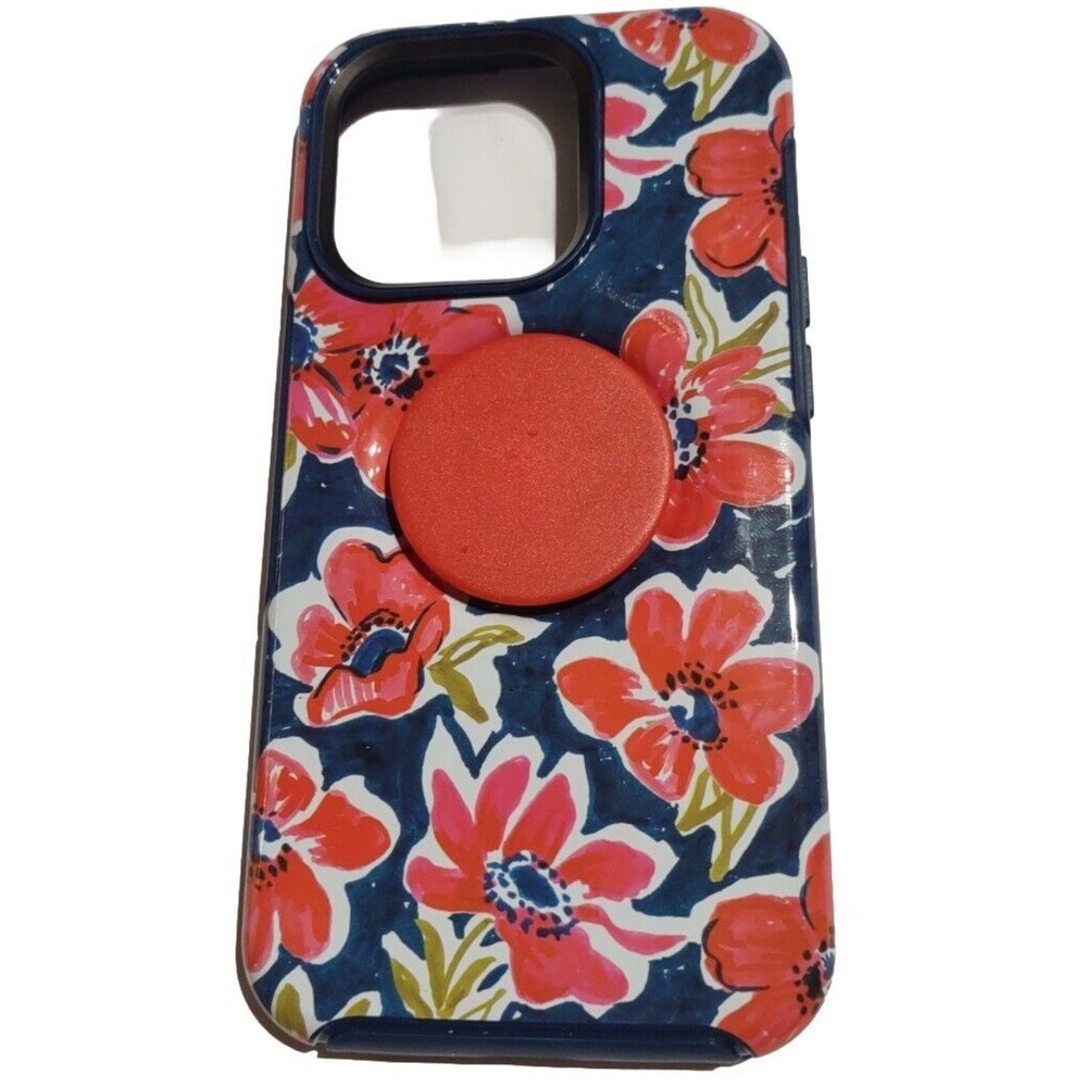Floral Navy Phone Case with Coral Pop Socket